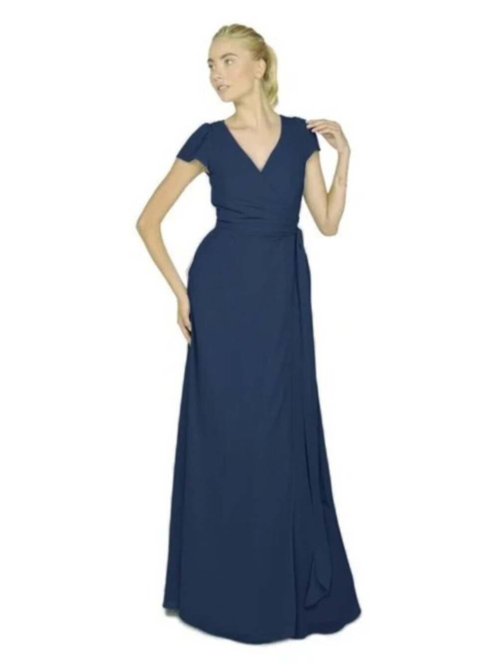 Ceremony by Joanna August Navy Blue Chiffon Aurele Cap-Sleeve Wrap Dress